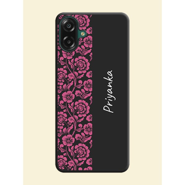 Pink Floral Pattern Design With Custom Text On Space Black Custom Soft Matte Mobile Back Cover - Samsung Galaxy M07 Pink Floral Pattern Design With Custom Text On Space Black Custom Soft Matte Mobile Back Cover - Samsung Galaxy M07