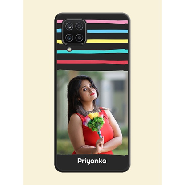 Multicolor Lines with Image on Space Black Personalized Soft Matte Phone Covers - Galaxy M12 Multicolor Lines with Image on Space Black Personalized Soft Matte Phone Covers - Galaxy M12