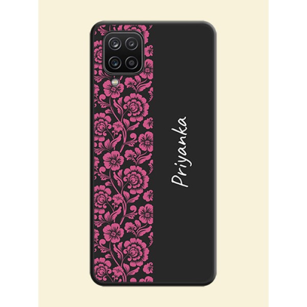 Pink Floral Pattern Design With Custom Text On Space Black Personalized Soft Matte Phone Covers -Samsung Galaxy M12 Pink Floral Pattern Design With Custom Text On Space Black Personalized Soft Matte Phone Covers -Samsung Galaxy M12