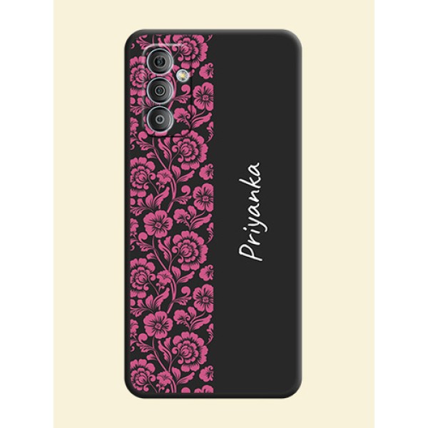Pink Floral Pattern Design With Custom Text On Space Black Personalized Soft Matte Phone Covers -Samsung Galaxy M13 4G Pink Floral Pattern Design With Custom Text On Space Black Personalized Soft Matte Phone Covers -Samsung Galaxy M13 4G