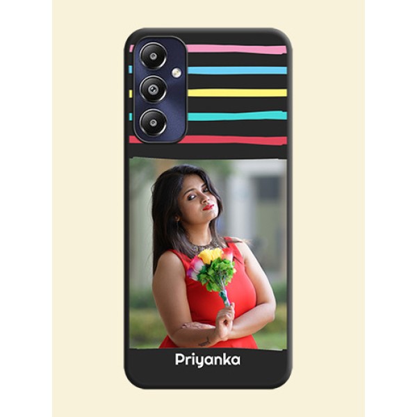 Multicolor Lines with Image on Space Black Personalized Soft Matte Phone Covers - Galaxy M14 4G Multicolor Lines with Image on Space Black Personalized Soft Matte Phone Covers - Galaxy M14 4G