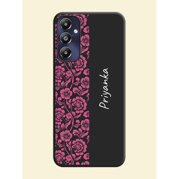Pink Floral Pattern Design With Custom Text On Space Black Personalized Soft Matte Phone Covers - Galaxy M14 4G Pink Floral Pattern Design With Custom Text On Space Black Personalized Soft Matte Phone Covers - Galaxy M14 4G