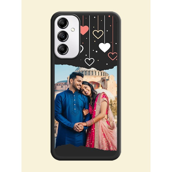 Love Hangings with Splash Wave Picture on Space Black Custom Soft Matte Phone Back Cover - Galaxy M14 5G Love Hangings with Splash Wave Picture on Space Black Custom Soft Matte Phone Back Cover - Galaxy M14 5G
