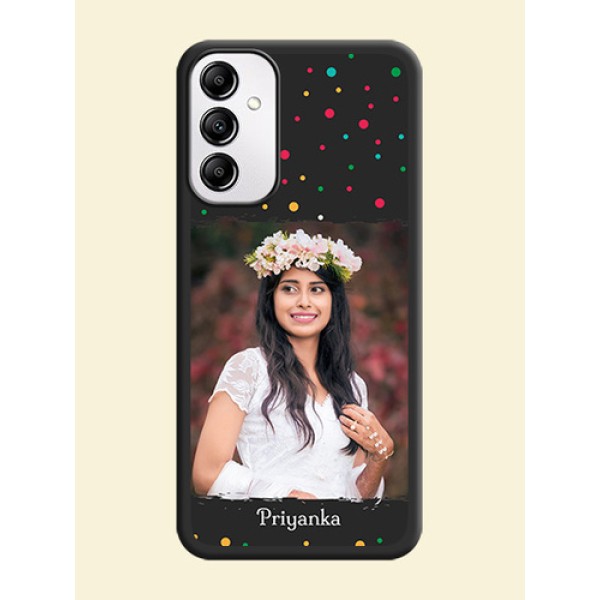 Multicolor Dotted Pattern with Text on Space Black Custom Soft Matte Phone Back Cover - Galaxy M14 5G Multicolor Dotted Pattern with Text on Space Black Custom Soft Matte Phone Back Cover - Galaxy M14 5G