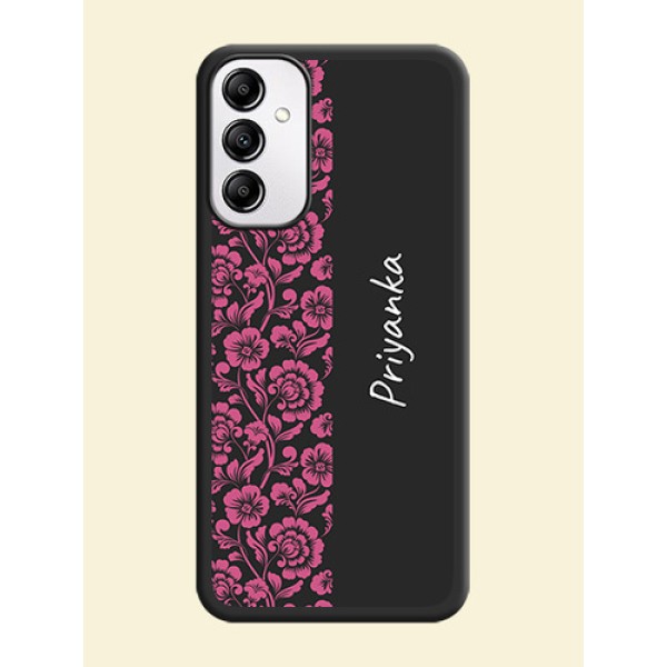 Pink Floral Pattern Design With Custom Text On Space Black Personalized Soft Matte Phone Covers -Samsung Galaxy M14 5G Pink Floral Pattern Design With Custom Text On Space Black Personalized Soft Matte Phone Covers -Samsung Galaxy M14 5G