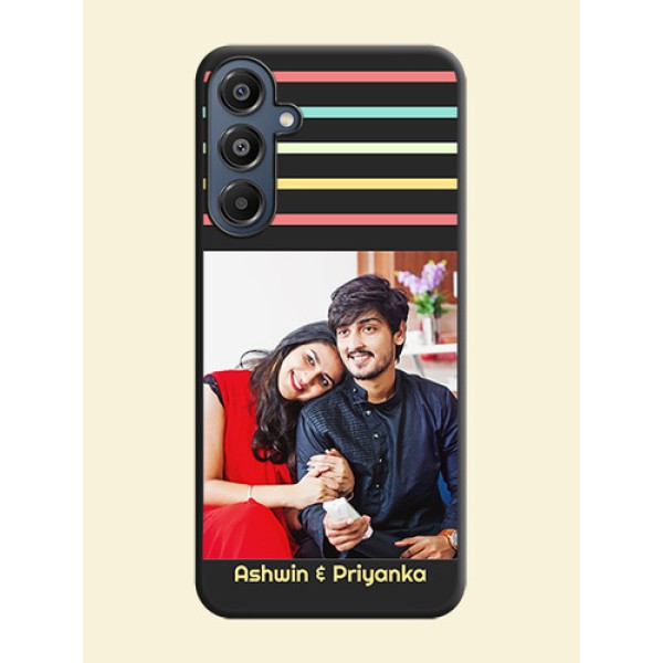 Color Stripes with Photo and Text on Photo On Space Black Custom Soft Matte Mobile Back Cover - Galaxy M16 5G Color Stripes with Photo and Text on Photo On Space Black Custom Soft Matte Mobile Back Cover - Galaxy M16 5G