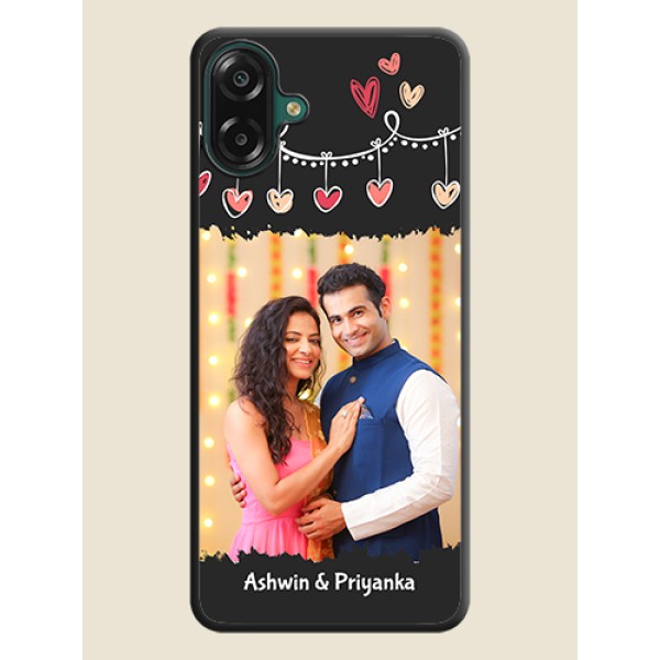 Pink Love Hangings with Name On Space Black Custom Soft Matte Mobile Back Cover - Samsung Galaxy M17e Pink Love Hangings with Name On Space Black Custom Soft Matte Mobile Back Cover - Samsung Galaxy M17e