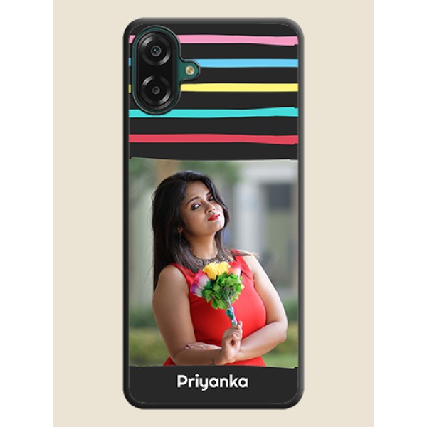 Multicolor Lines with Image On Space Black Custom Soft Matte Mobile Back Cover - Samsung Galaxy M17e Multicolor Lines with Image On Space Black Custom Soft Matte Mobile Back Cover - Samsung Galaxy M17e