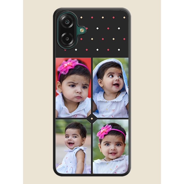 Multicolor Dotted Pattern with 4 Image Holder On Space Black Custom Soft Matte Mobile Back Cover - Samsung Galaxy M17e Multicolor Dotted Pattern with 4 Image Holder On Space Black Custom Soft Matte Mobile Back Cover - Samsung Galaxy M17e