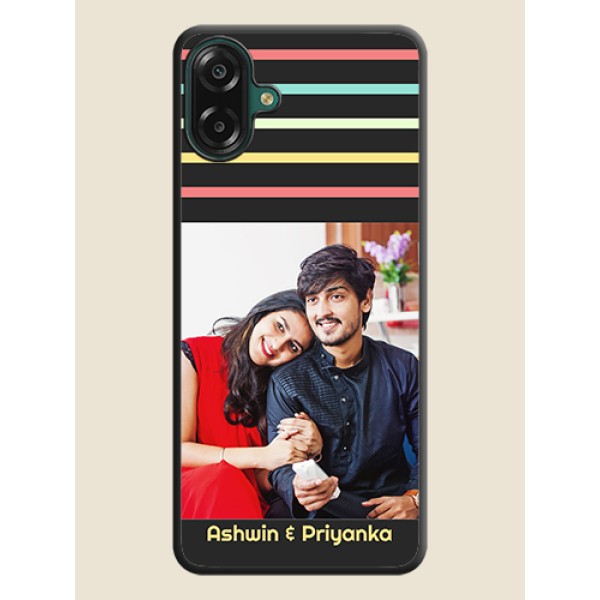Color Stripes with Photo and Text on Photo On Space Black Custom Soft Matte Mobile Back Cover - Samsung Galaxy M17e Color Stripes with Photo and Text on Photo On Space Black Custom Soft Matte Mobile Back Cover - Samsung Galaxy M17e