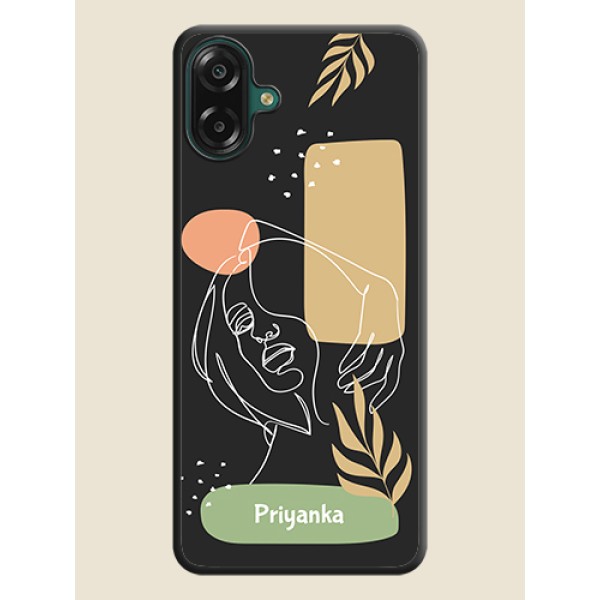 Custom Text With Line Art Of Women & Leaves Design On Space Black Custom Soft Matte Mobile Back Cover - Samsung Galaxy M17e Custom Text With Line Art Of Women & Leaves Design On Space Black Custom Soft Matte Mobile Back Cover - Samsung Galaxy M17e