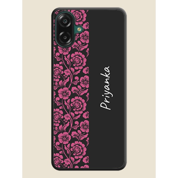 Pink Floral Pattern Design With Custom Text On Space Black Custom Soft Matte Mobile Back Cover - Samsung Galaxy M17e Pink Floral Pattern Design With Custom Text On Space Black Custom Soft Matte Mobile Back Cover - Samsung Galaxy M17e