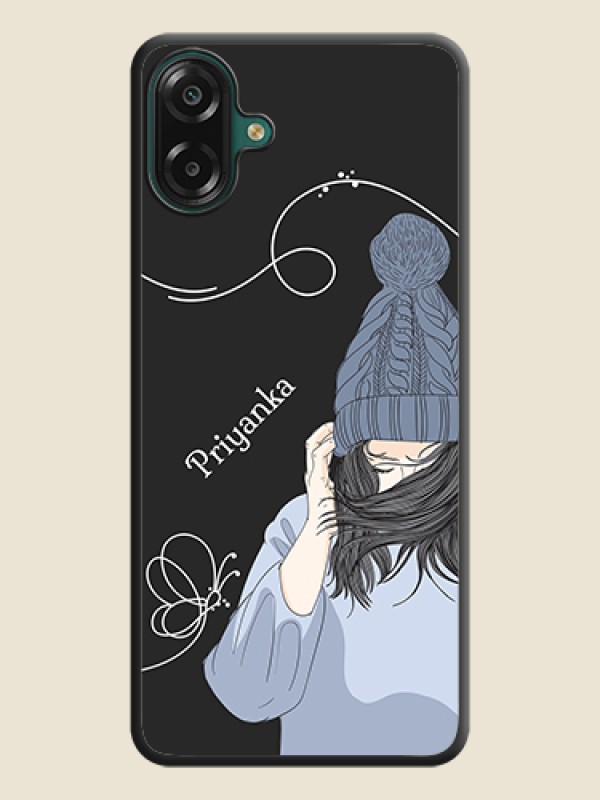 Girl With Blue Winter Outfiit Custom Text Design On Space Black Custom Soft Matte Mobile Back Cover - Samsung Galaxy M17e