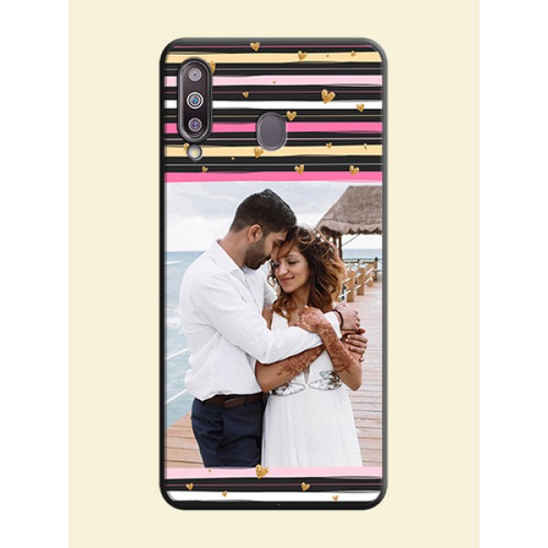 Multicolor Lines and Golden Love Symbols Design - Photo on Space Black Soft Matte Mobile Cover - Galaxy M30 Multicolor Lines and Golden Love Symbols Design - Photo on Space Black Soft Matte Mobile Cover - Galaxy M30