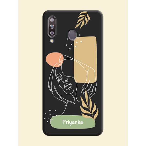 Custom Text With Line Art Of Women & Leaves Design On Space Black Personalized Soft Matte Phone Covers -Samsung Galaxy M30