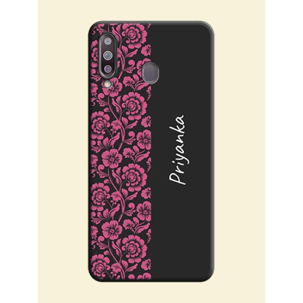 Pink Floral Pattern Design With Custom Text On Space Black Personalized Soft Matte Phone Covers -Samsung Galaxy M30 Pink Floral Pattern Design With Custom Text On Space Black Personalized Soft Matte Phone Covers -Samsung Galaxy M30