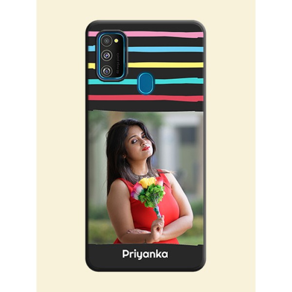 Multicolor Lines with Image on Space Black Personalized Soft Matte Phone Covers - Galaxy M30S Multicolor Lines with Image on Space Black Personalized Soft Matte Phone Covers - Galaxy M30S