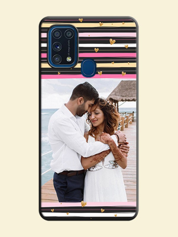 Multicolor Lines and Golden Love Symbols Design on Photo on Space Black Soft Matte Mobile Cover - Galaxy M31 Prime Edfition