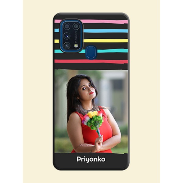 Multicolor Lines with Image on Space Black Personalized Soft Matte Phone Covers - Galaxy M31 Prime Edfition Multicolor Lines with Image on Space Black Personalized Soft Matte Phone Covers - Galaxy M31 Prime Edfition