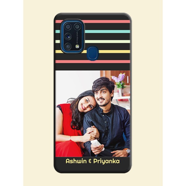 Color Stripes with Photo and Text on Photo on Space Black Soft Matte Mobile Case - Galaxy M31 Prime Edfition Color Stripes with Photo and Text on Photo on Space Black Soft Matte Mobile Case - Galaxy M31 Prime Edfition