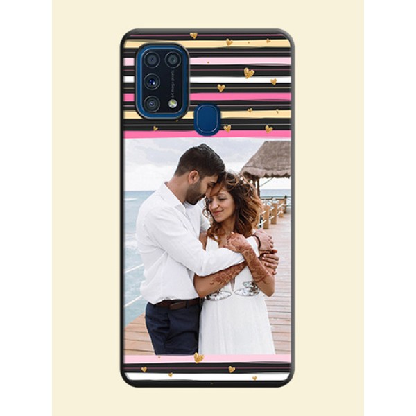 Multicolor Lines and Golden Love Symbols Design - Photo on Space Black Soft Matte Mobile Cover - Galaxy M31 Multicolor Lines and Golden Love Symbols Design - Photo on Space Black Soft Matte Mobile Cover - Galaxy M31