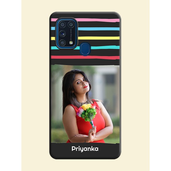 Multicolor Lines with Image on Space Black Personalized Soft Matte Phone Covers - Galaxy M31 Multicolor Lines with Image on Space Black Personalized Soft Matte Phone Covers - Galaxy M31