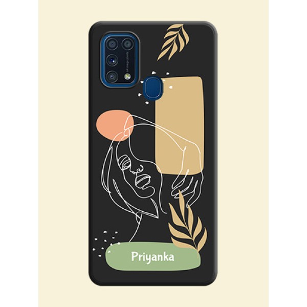 Custom Text With Line Art Of Women & Leaves Design On Space Black Personalized Soft Matte Phone Covers -Samsung Galaxy M31