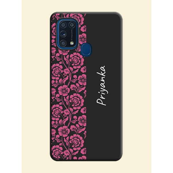 Pink Floral Pattern Design With Custom Text On Space Black Personalized Soft Matte Phone Covers -Samsung Galaxy M31 Pink Floral Pattern Design With Custom Text On Space Black Personalized Soft Matte Phone Covers -Samsung Galaxy M31