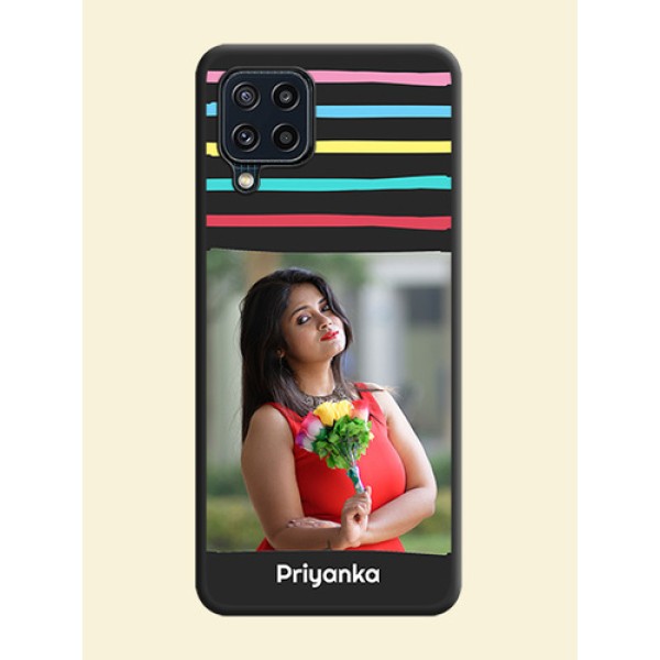 Multicolor Lines with Image on Space Black Personalized Soft Matte Phone Covers - Galaxy M32 4G Prime Edition Multicolor Lines with Image on Space Black Personalized Soft Matte Phone Covers - Galaxy M32 4G Prime Edition