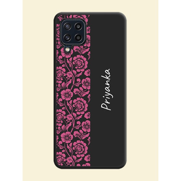 Pink Floral Pattern Design With Custom Text On Space Black Personalized Soft Matte Phone Covers -Samsung Galaxy M32 4G Prime Edition Pink Floral Pattern Design With Custom Text On Space Black Personalized Soft Matte Phone Covers -Samsung Galaxy M32 4G Prime Edition