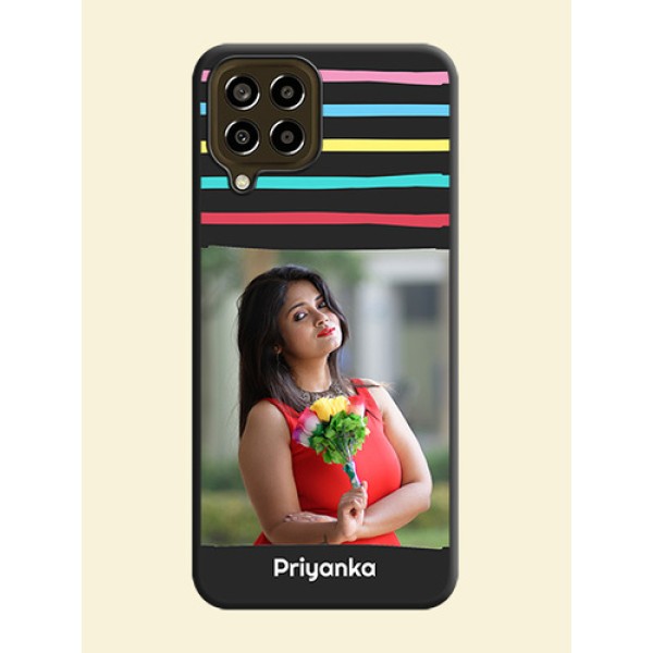 Multicolor Lines with Image on Space Black Personalized Soft Matte Phone Covers - Galaxy M33 5G Multicolor Lines with Image on Space Black Personalized Soft Matte Phone Covers - Galaxy M33 5G