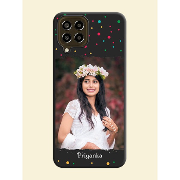 Multicolor Dotted Pattern with Text on Space Black Custom Soft Matte Phone Back Cover - Galaxy M33 5G Multicolor Dotted Pattern with Text on Space Black Custom Soft Matte Phone Back Cover - Galaxy M33 5G