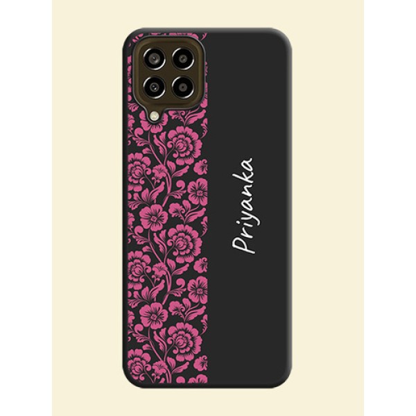 Pink Floral Pattern Design With Custom Text On Space Black Personalized Soft Matte Phone Covers -Samsung Galaxy M33 5G Pink Floral Pattern Design With Custom Text On Space Black Personalized Soft Matte Phone Covers -Samsung Galaxy M33 5G