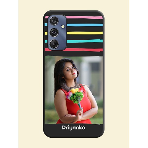Multicolor Lines with Image on Space Black Personalized Soft Matte Phone Covers - Galaxy M34 5G Multicolor Lines with Image on Space Black Personalized Soft Matte Phone Covers - Galaxy M34 5G