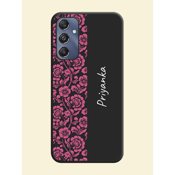 Pink Floral Pattern Design With Custom Text On Space Black Personalized Soft Matte Phone Covers - Galaxy M34 5G Pink Floral Pattern Design With Custom Text On Space Black Personalized Soft Matte Phone Covers - Galaxy M34 5G
