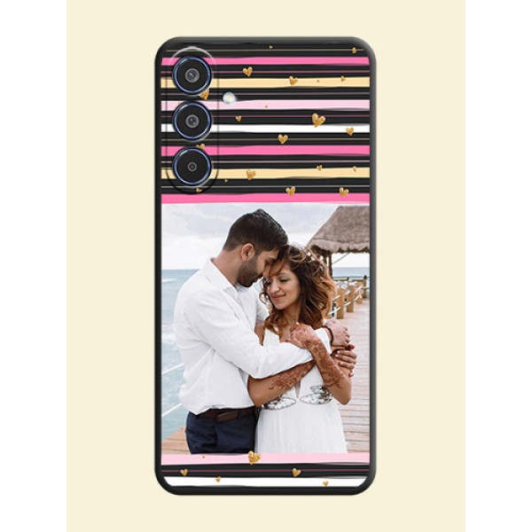 Multicolor Lines and Golden Love Symbols Design on Photo On Space Black Custom Soft Matte Mobile Back Cover - Samsung Galaxy M35 5G Multicolor Lines and Golden Love Symbols Design on Photo On Space Black Custom Soft Matte Mobile Back Cover - Samsung Galaxy M35 5G