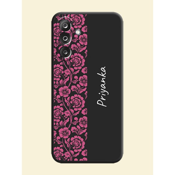 Pink Floral Pattern Design With Custom Text On Space Black Custom Soft Matte Mobile Back Cover - Samsung Galaxy M36 5G Pink Floral Pattern Design With Custom Text On Space Black Custom Soft Matte Mobile Back Cover - Samsung Galaxy M36 5G