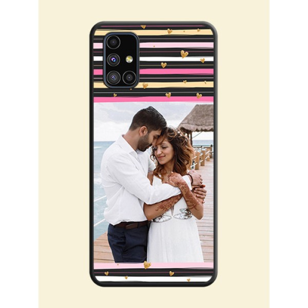 Multicolor Lines and Golden Love Symbols Design on Photo on Space Black Soft Matte Mobile Cover - Galaxy M51 Multicolor Lines and Golden Love Symbols Design on Photo on Space Black Soft Matte Mobile Cover - Galaxy M51