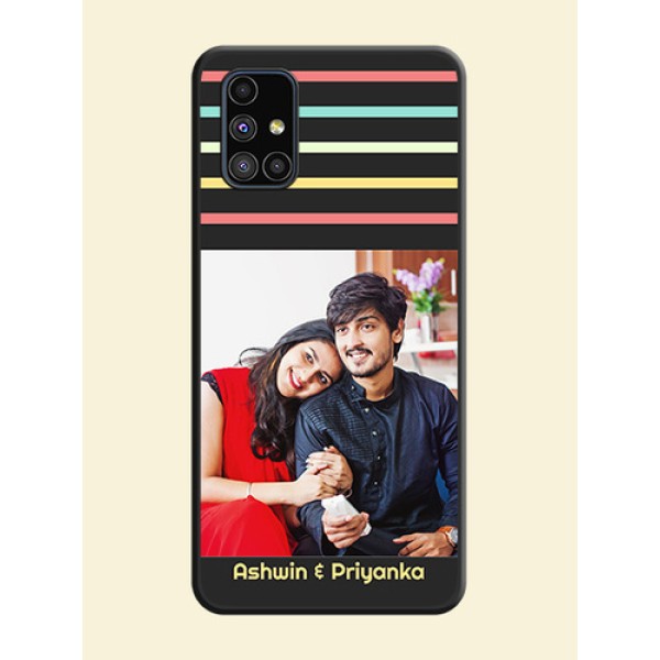 Color Stripes with Photo and Text on Photo on Space Black Soft Matte Mobile Case - Galaxy M51 Color Stripes with Photo and Text on Photo on Space Black Soft Matte Mobile Case - Galaxy M51