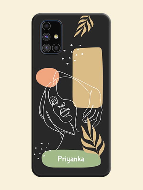 Custom Text With Line Art Of Women & Leaves Design On Space Black Personalized Soft Matte Phone Covers -Samsung Galaxy M51