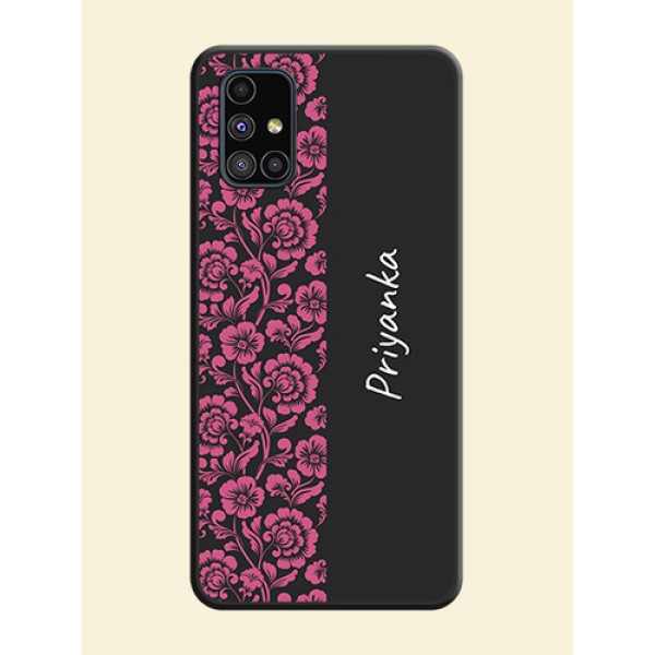 Pink Floral Pattern Design With Custom Text On Space Black Personalized Soft Matte Phone Covers -Samsung Galaxy M51 Pink Floral Pattern Design With Custom Text On Space Black Personalized Soft Matte Phone Covers -Samsung Galaxy M51