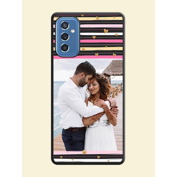 Multicolor Lines and Golden Love Symbols Design on Photo on Space Black Soft Matte Mobile Cover - Samsung Galaxy M52 5G Multicolor Lines and Golden Love Symbols Design on Photo on Space Black Soft Matte Mobile Cover - Samsung Galaxy M52 5G