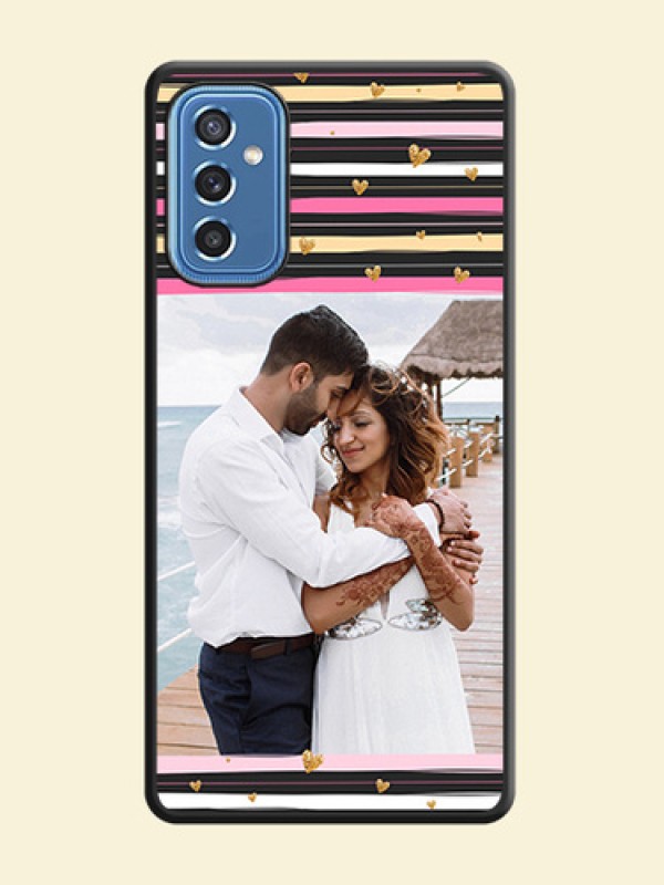 Multicolor Lines and Golden Love Symbols Design on Photo on Space Black Soft Matte Mobile Cover - Samsung Galaxy M52 5G