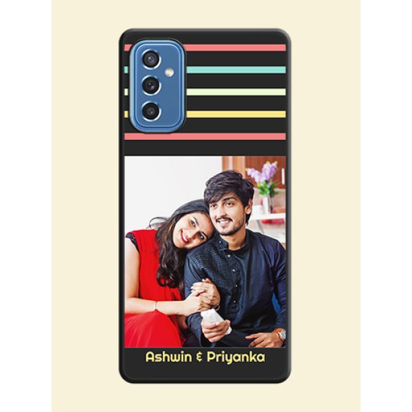 Color Stripes with Photo and Text on Photo on Space Black Soft Matte Mobile Case - Samsung Galaxy M52 5G Color Stripes with Photo and Text on Photo on Space Black Soft Matte Mobile Case - Samsung Galaxy M52 5G