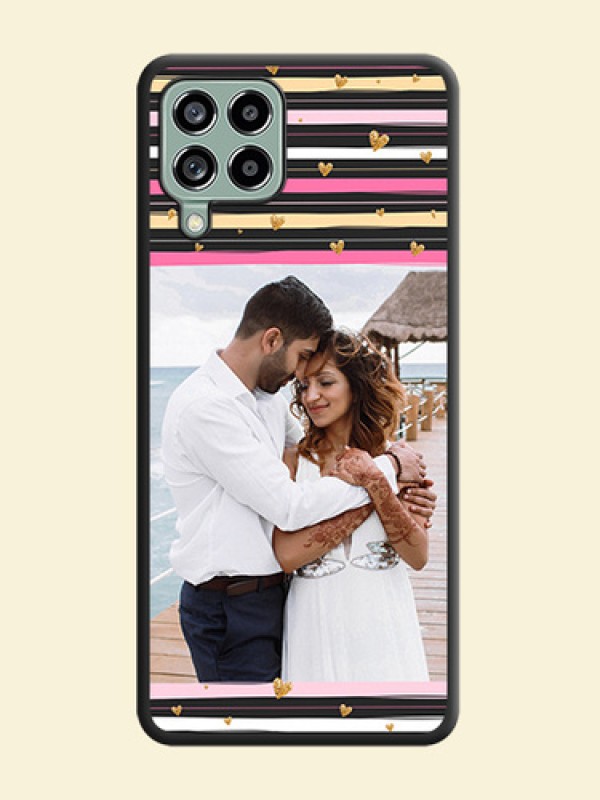 Multicolor Lines and Golden Love Symbols Design on Photo on Space Black Soft Matte Mobile Cover - Galaxy M53 5G
