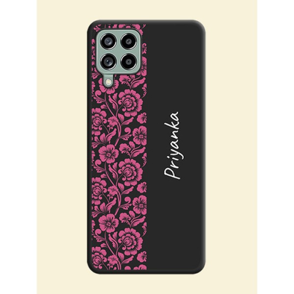 Pink Floral Pattern Design With Custom Text On Space Black Personalized Soft Matte Phone Covers -Samsung Galaxy M53 5G Pink Floral Pattern Design With Custom Text On Space Black Personalized Soft Matte Phone Covers -Samsung Galaxy M53 5G