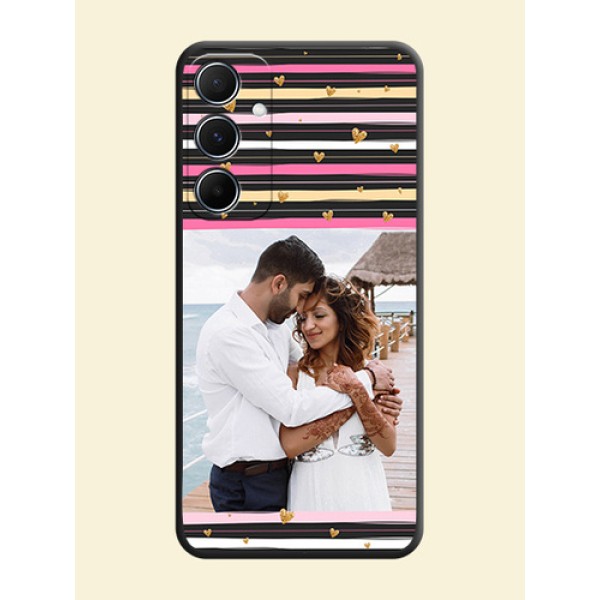 Multicolor Lines and Golden Love Symbols Design on Photo On Space Black Custom Soft Matte Mobile Back Cover - Galaxy M55 5G