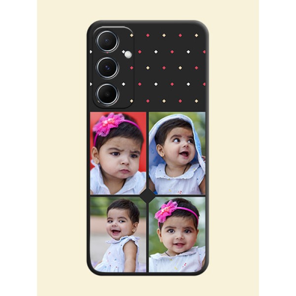 Multicolor Dotted Pattern with 4 Image Holder On Space Black Custom Soft Matte Mobile Back Cover - Galaxy M55s 5G Multicolor Dotted Pattern with 4 Image Holder On Space Black Custom Soft Matte Mobile Back Cover - Galaxy M55s 5G
