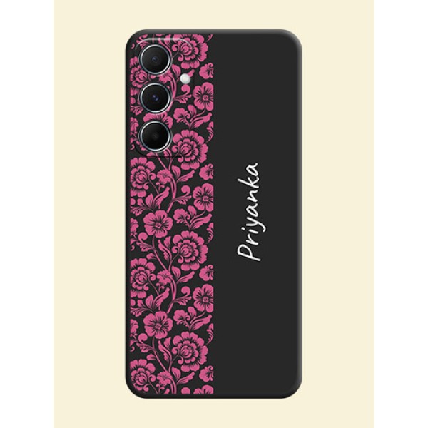 Pink Floral Pattern Design With Custom Text On Space Black Custom Soft Matte Mobile Back Cover - Galaxy M55s 5G Pink Floral Pattern Design With Custom Text On Space Black Custom Soft Matte Mobile Back Cover - Galaxy M55s 5G