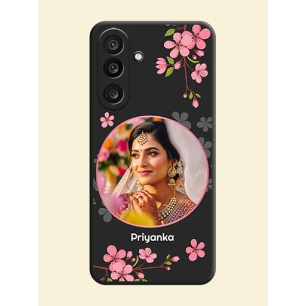 Round Image with Pink Color Floral Design on Photo On Space Black Custom Soft Matte Mobile Back Cover - Samsung Galaxy M56 5G Round Image with Pink Color Floral Design on Photo On Space Black Custom Soft Matte Mobile Back Cover - Samsung Galaxy M56 5G